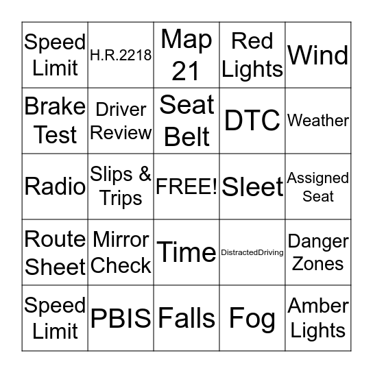 School Bus Safety Bingo Card