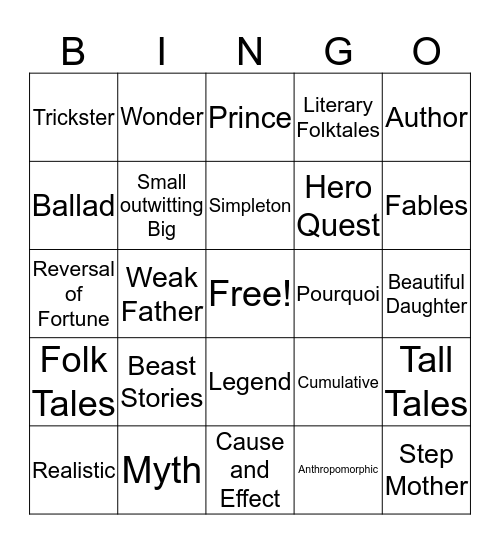 Traditional Literature Bingo Card