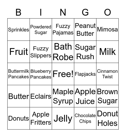 Donut Pajama & Pancake Jam Bingo Card
