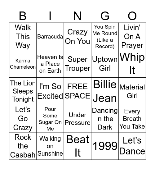 80's Music Bingo Card