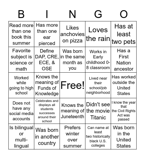 Bank Street & D5 Convening  Bingo Card