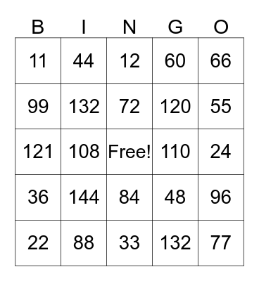 math facts 11&12 Bingo Card