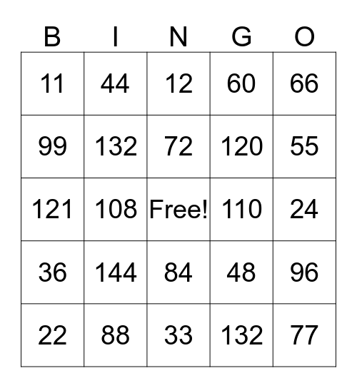 math facts 11&12 Bingo Card