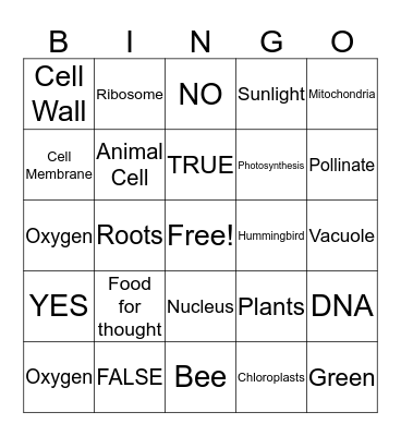 Plant Cell Bingo #    Bingo Card