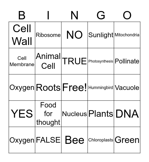 Plant Cell Bingo #    Bingo Card