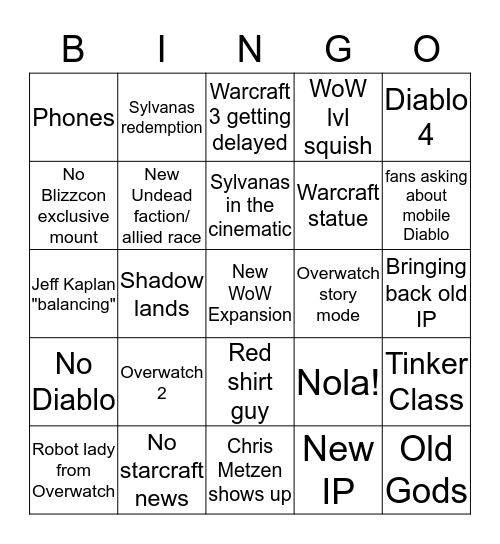 Blizzcon 2019 Bingo Card