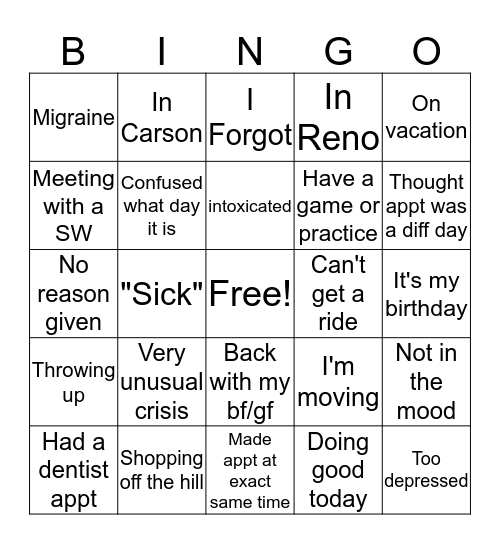 No Show Bingo! Bingo Card