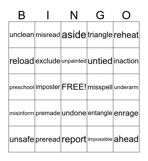Prefixes Bingo Card