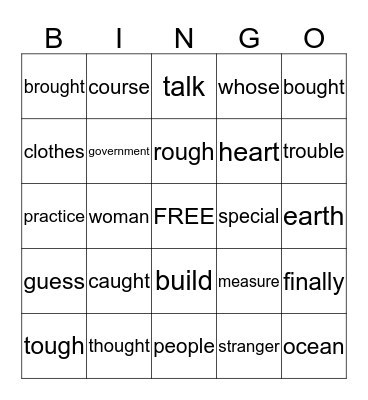 Sight Words Bingo Card