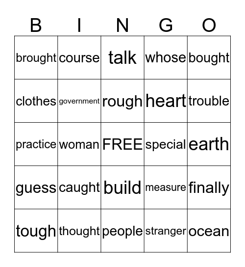 Sight Words Bingo Card