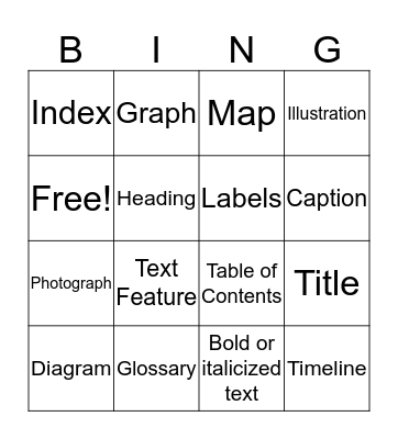 Text Features Bingo Card