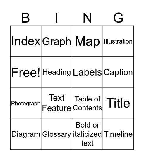 Text Features Bingo Card