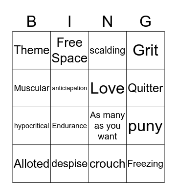 Bridge to Terabithia Voc Words 1 Bingo Card