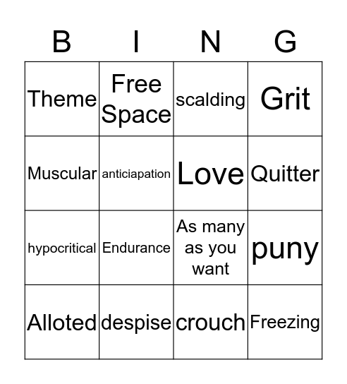 Bridge to Terabithia Voc Words 1 Bingo Card