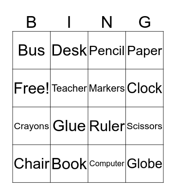 School Vocabulary Bingo Card