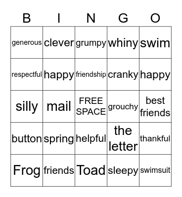 Frog and Toad Bingo Card
