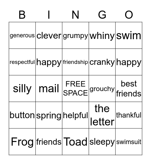 Frog and Toad Bingo Card