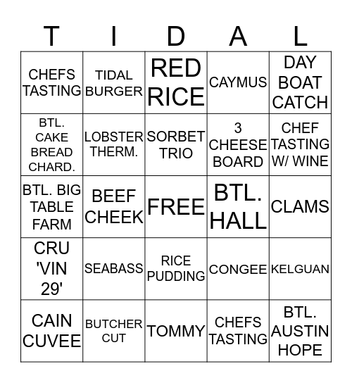 TIDAL BINGO CONTEST  Bingo Card