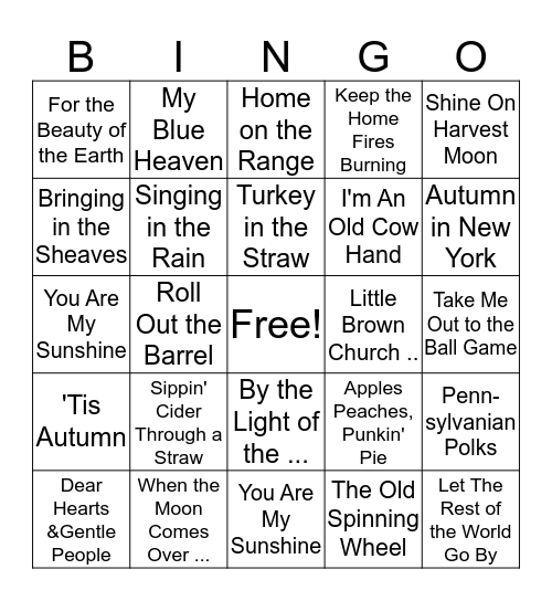 Fall Music Bingo Card