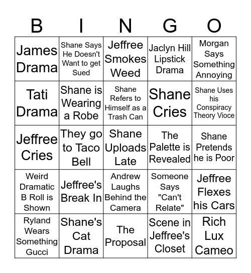 Shane & Jeffree Bingo Card