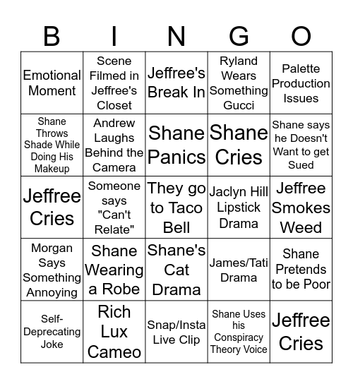 Shane & Jeffree Bingo Card