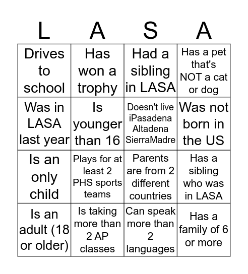 LASA Bingo Card