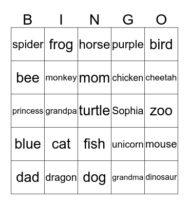 Sophia's Favorite Things Bingo Card