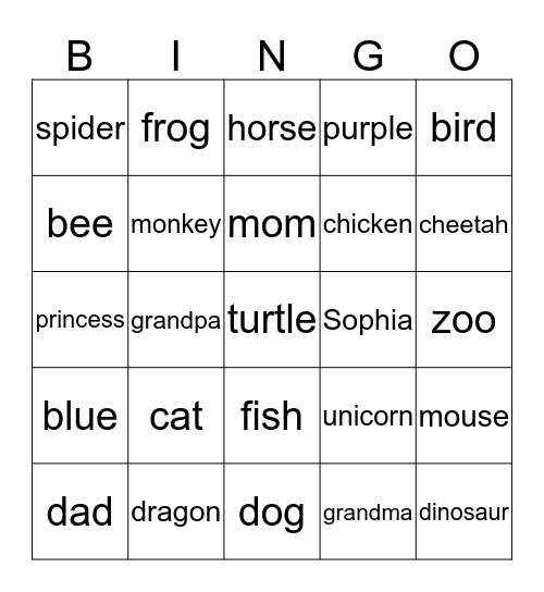 Sophia's Favorite Things Bingo Card