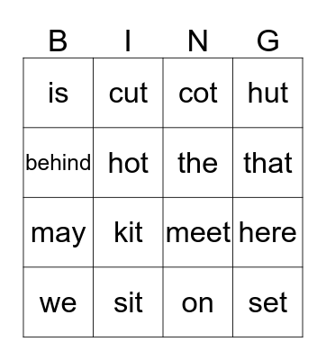 sight words and cvc Bingo Card