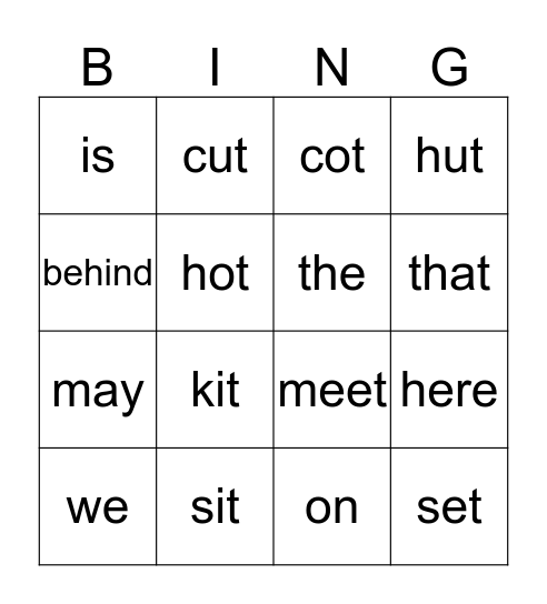 sight words and cvc Bingo Card