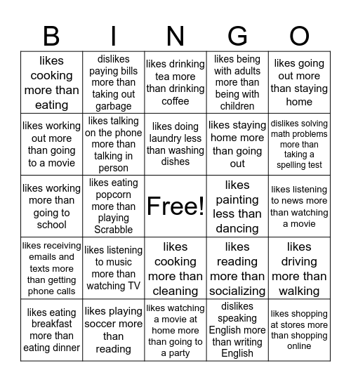 Preferences Bingo Card