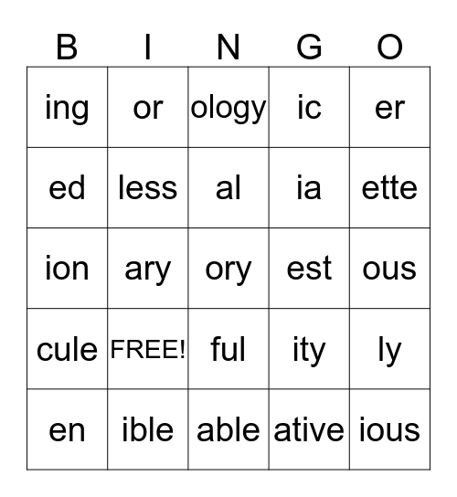 Suffixes BINGO Card