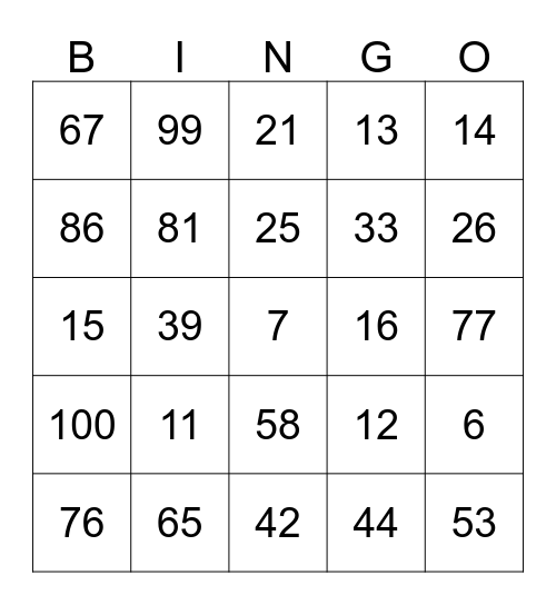 Los números del 1 al 100  Bingo Card