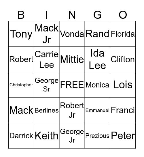 Ida Mae Hill Family Tree Bingo Card