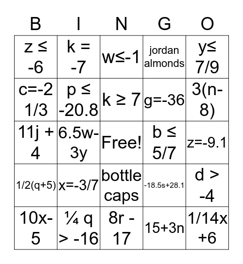 Chapter 3 and 4 Matho Bingo Card