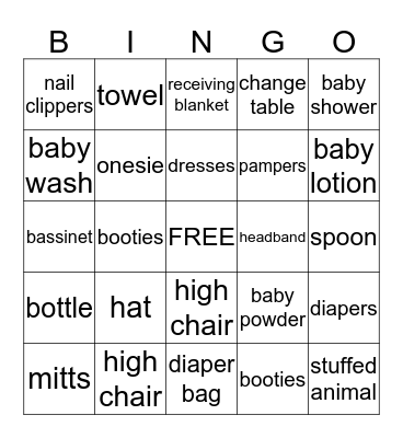 Dani's Baby Shower Bingo Card