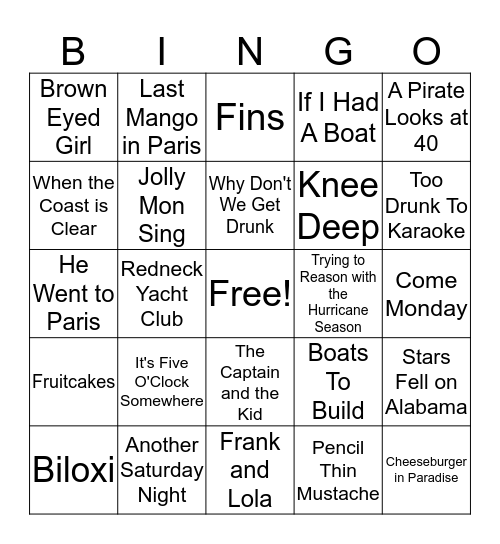 Parrot Head Music Bingo Card