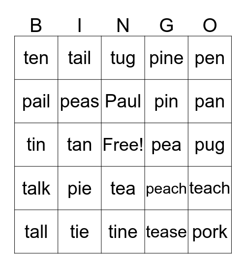Minimal pairs Bingo Card