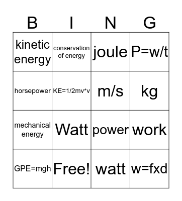 Work and Energy Bingo Card
