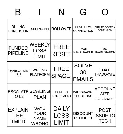 Trader Support BINGO! Bingo Card
