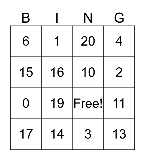 Number Bingo Card