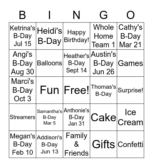 Birthday Bingo Card