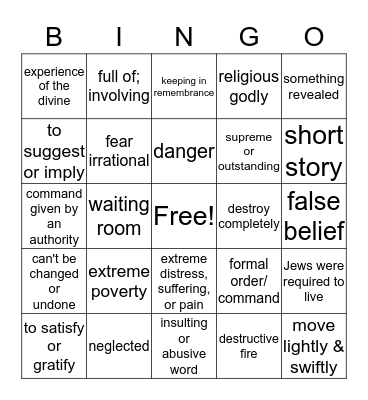 Night Vocabulary Bingo Card