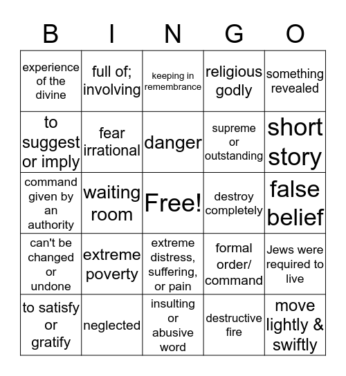 Night Vocabulary Bingo Card