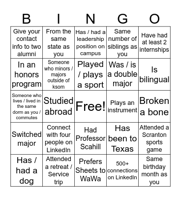 Kania Young Alumni Day Bingo Card