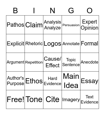 English Bingo Card