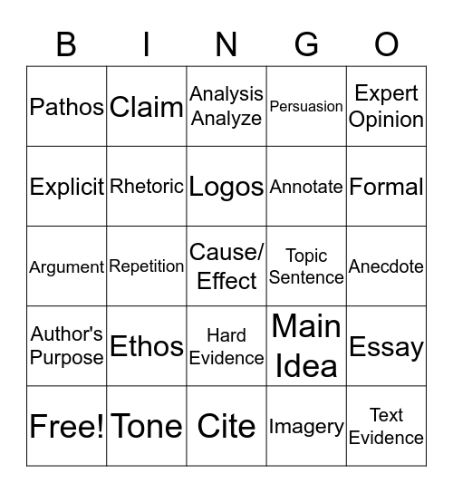 English Bingo Card