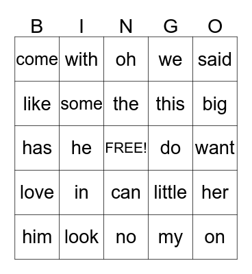 SIGHT WORDS Bingo Card
