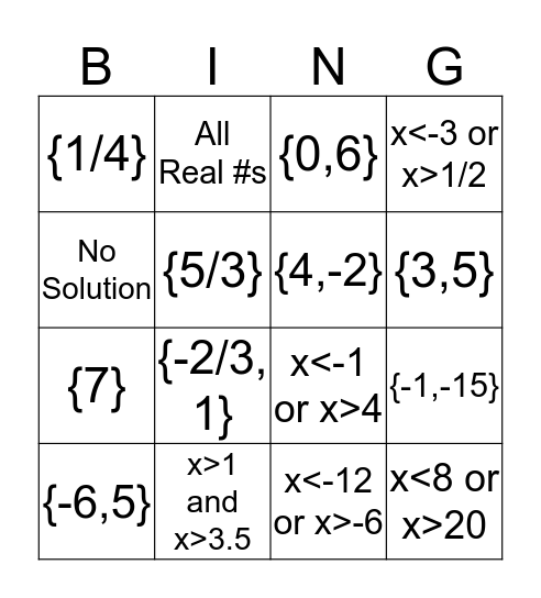 Solve Absolute Value & Inequalities Bingo Card