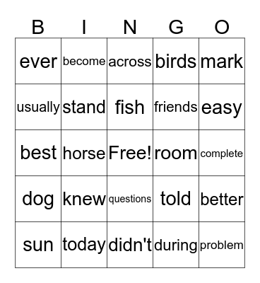 Sight Words Bingo Card